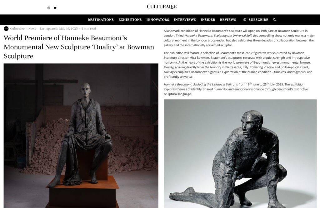 Culturalee world premiere of hanneke beaumont’s monumental new sculpture ‘duality’ at bowman sculpture cultur